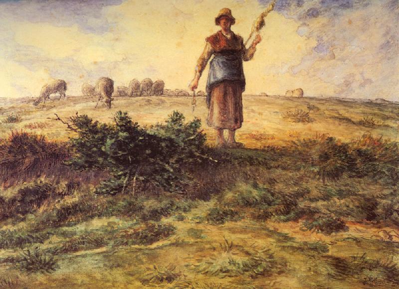 Jean-Franc Millet A Shepherdess and her Flock Watercolour heightened with white oil painting image